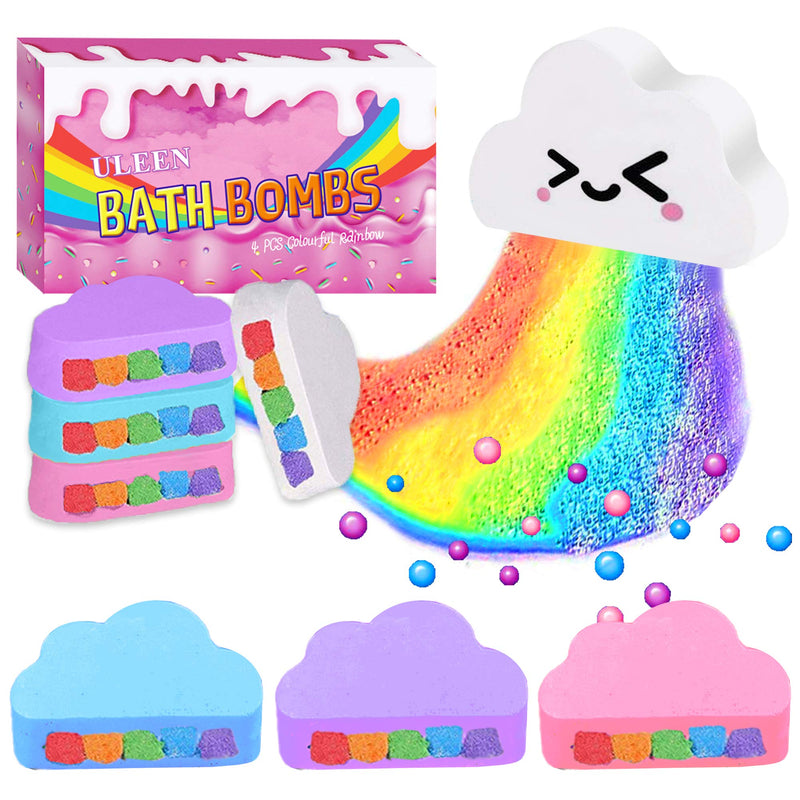 ULEEN Rainbow Bath Bomb Gift Set, 4PCS Large Rainbow Bath Bombs for Kids Women with Cloud Fizzies Bubble Natural Ingredients, Skin Moisturize SPA,Handmade Christmas Gifts for Her,Kids,Wife,Girls(4PCS)