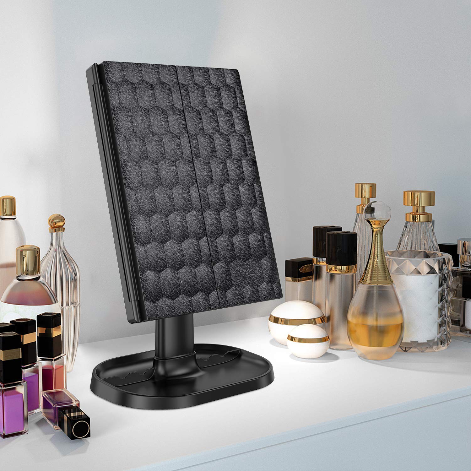 BESTOPE Upgrade Makeup Mirror with Lights,3X 5X Magnification,72 LED Vanity Trifold Mirror,3 Color Lighting Modes Lighted Makeup Mirror with Touch Screen,Portable High Definition Light Up Mirror Black