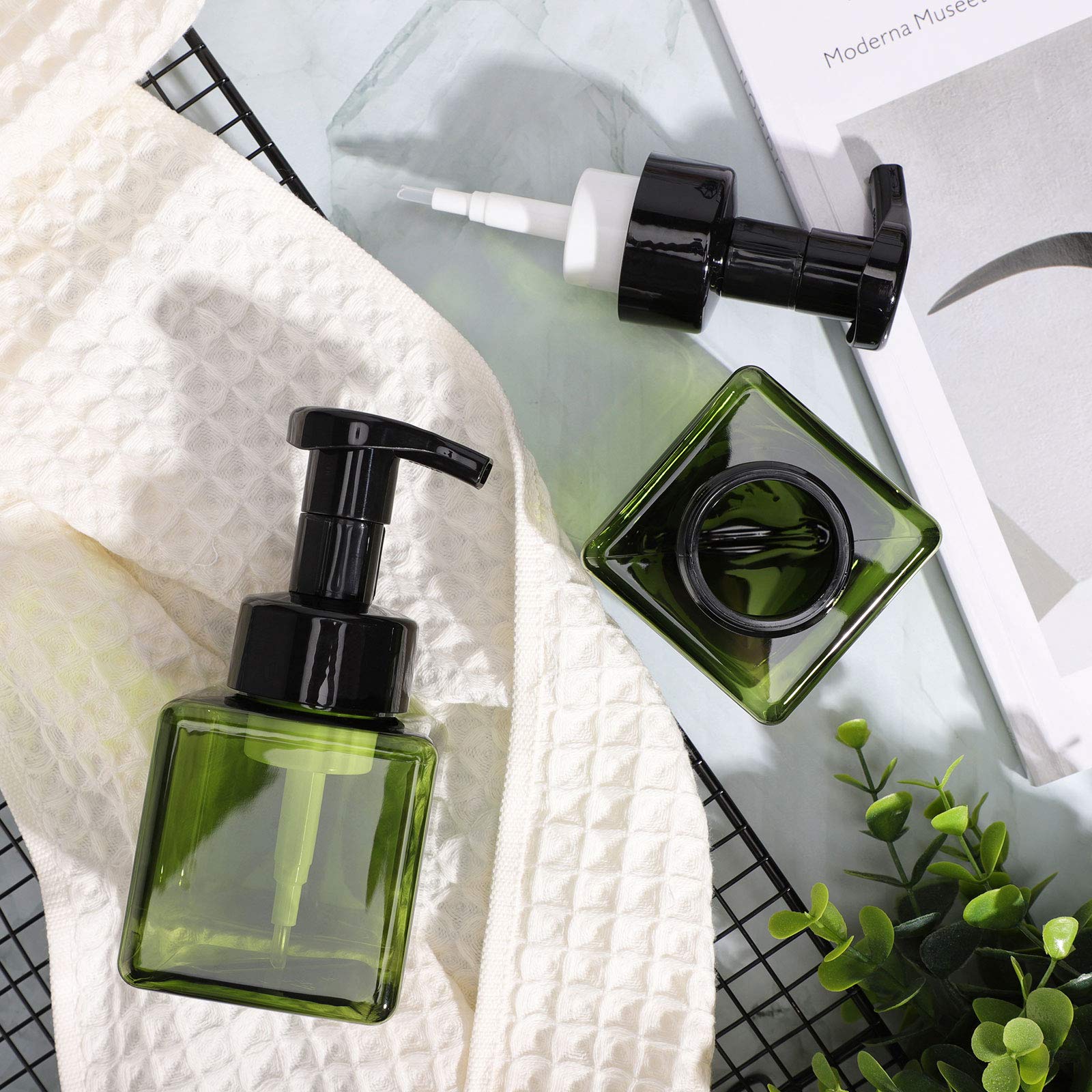 Foaming Shampoo Dispenser, Suream 4 Pack 8.45oz/250ml Green Plastic Refillable Hand Pump Bottle for Lotion, Soap, Conditioner, Empty Square Container for Bathroom Body Wash, Kitchen Sink and Travel