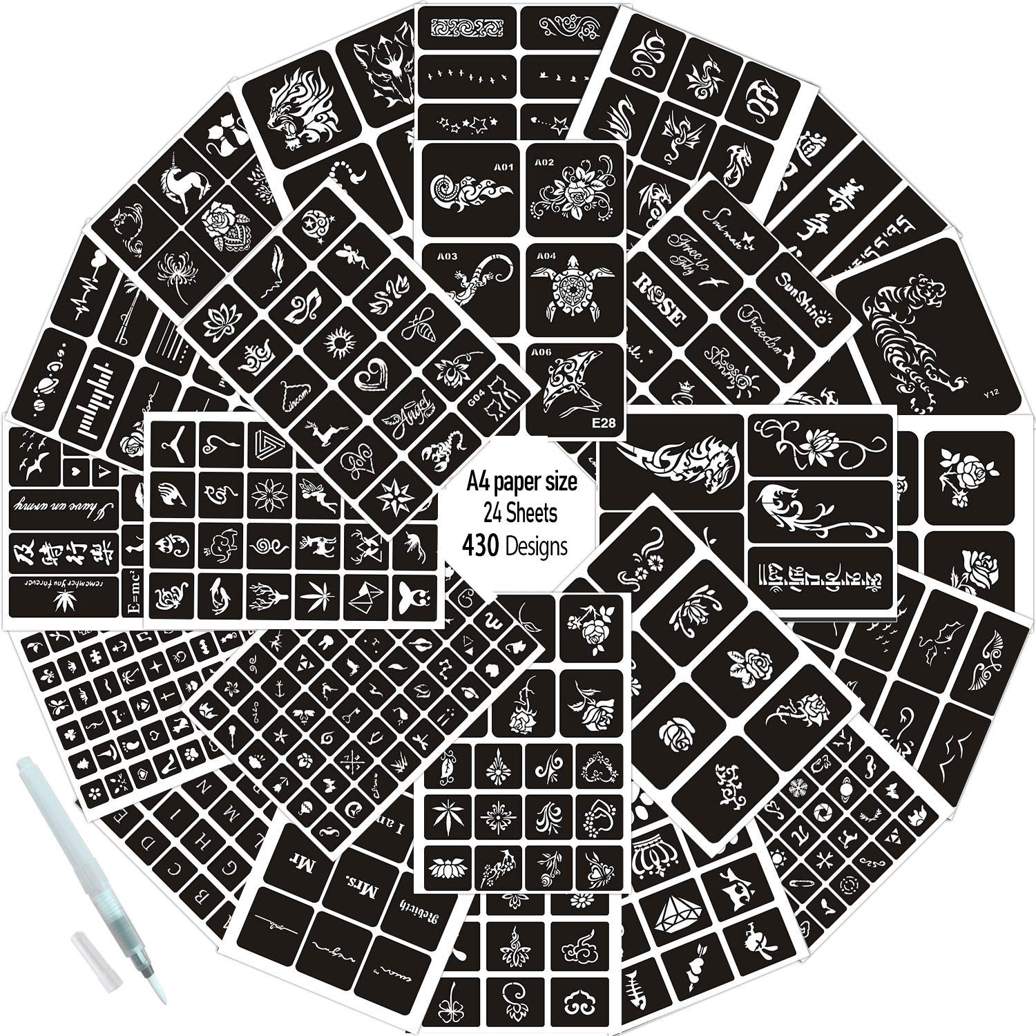 Henna Stencil Reusable 460+ Designs,Henna tattoo Template 24 Sheets,Christmas Temporary tattoo Stencils ,Airbrush Tattoo Stencils,Cool Stickers