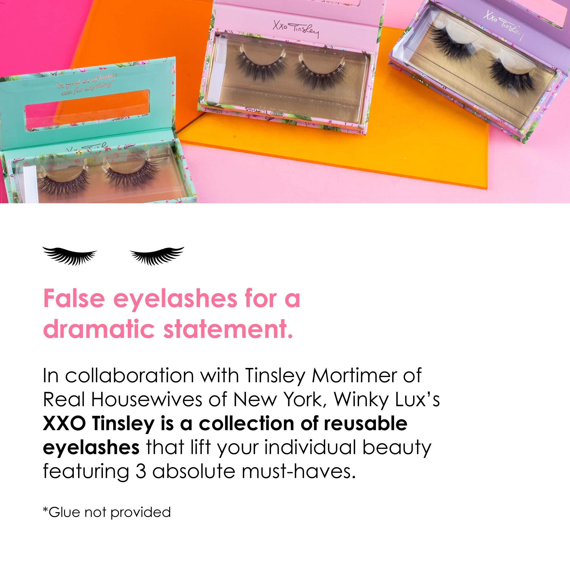 Winky Lux XXO Tinsley False Eyelash Collection, Tinsley Mortimer Collab for Reusable Glue-On False Eyelashes for a Wispy Look, Fake Eyelashes for Full Dramatic Looking Eyes, 1 Pair, Everything