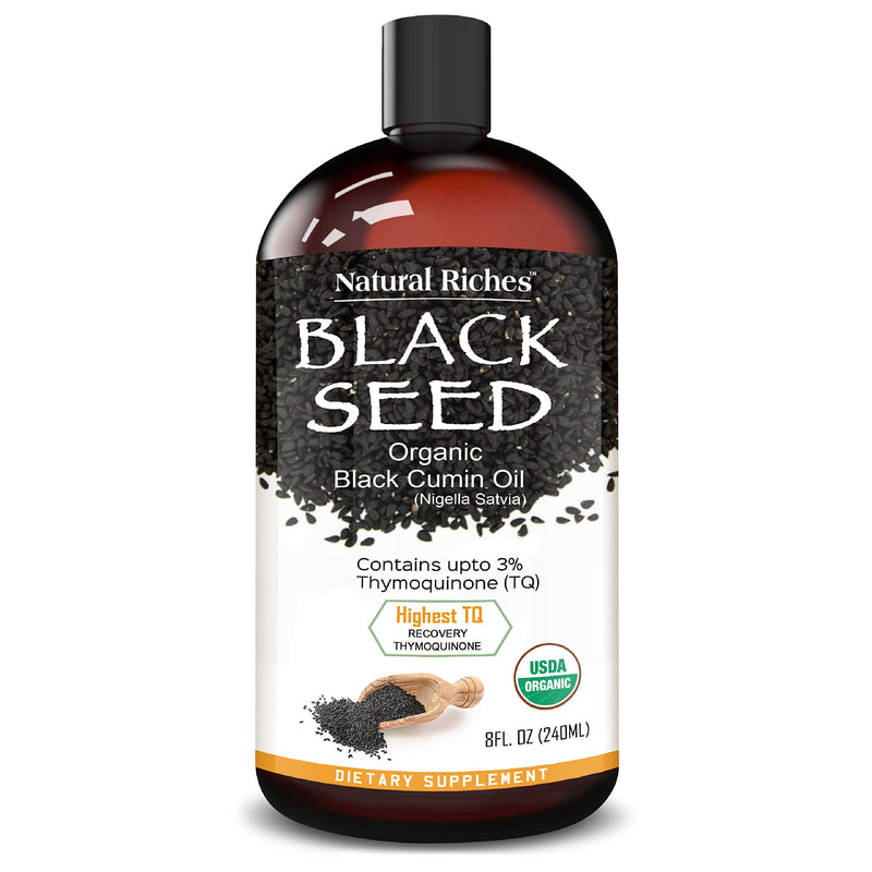 Organic Black Seed Oil USDA Pure Premium Quality Black Cumin Seed Oil Nigella Sativa. Glass Bottle - Undiluted, Cold Pressed, No Solvents, Vegan -8 fl oz. Natural Riches