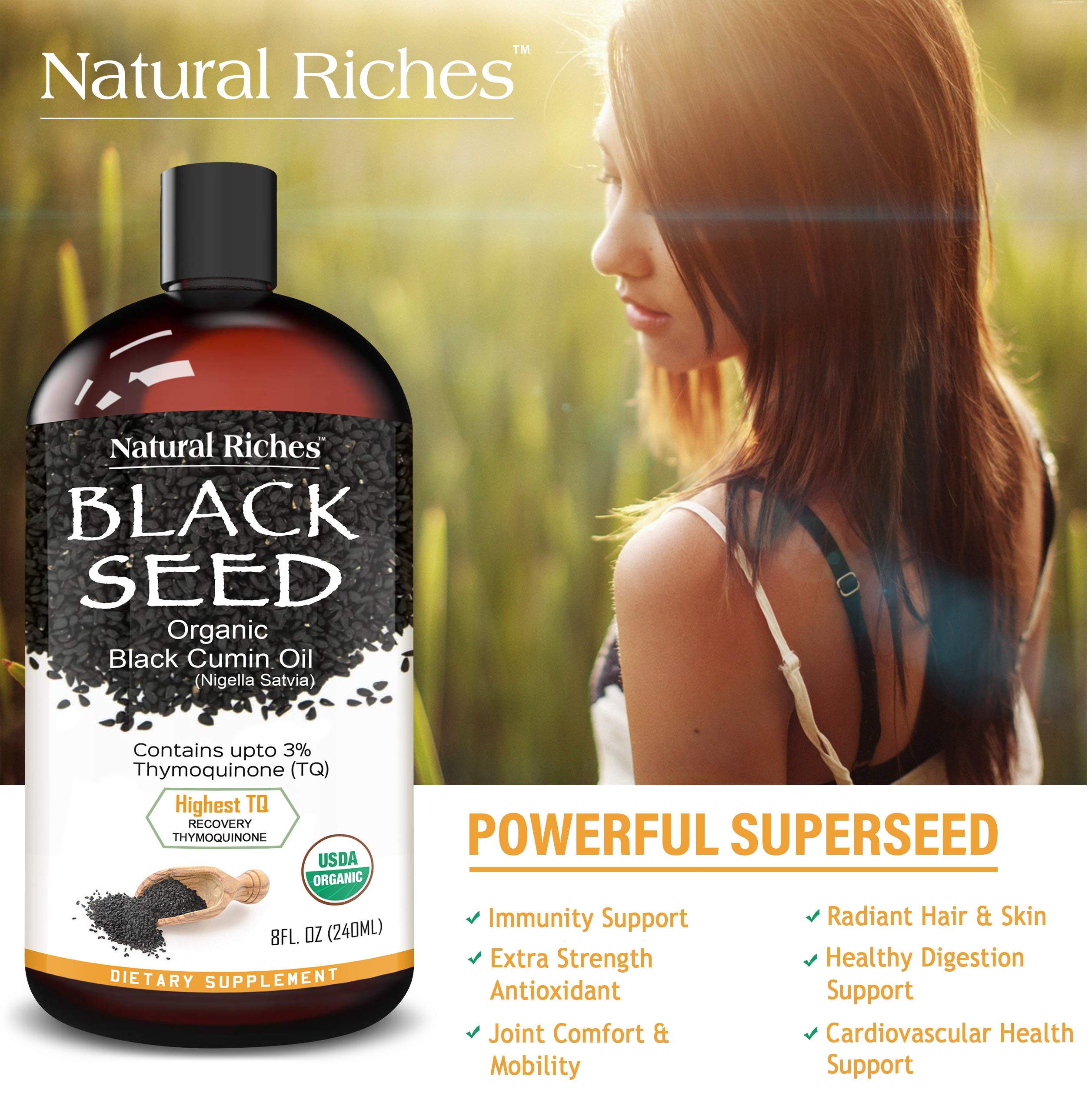 Organic Black Seed Oil USDA Pure Premium Quality Black Cumin Seed Oil Nigella Sativa. Glass Bottle - Undiluted, Cold Pressed, No Solvents, Vegan -8 fl oz. Natural Riches