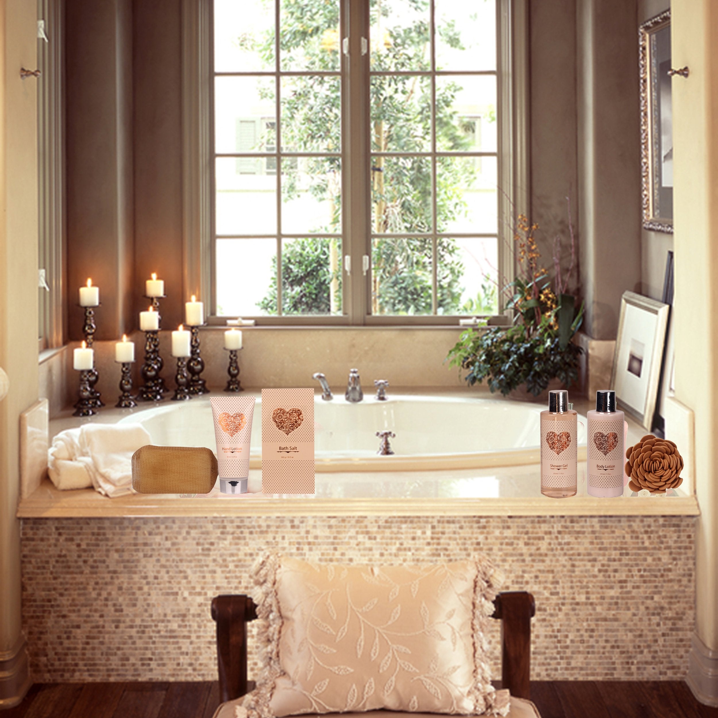 Spa Gift Basket – Bath and Body Set with Vanilla Fragrance by Lovestee - Bath Gift Basket Includes Shower Gel, Body Lotion, Hand Lotion, Bath Salt, Eva Sponge and a Bath Puff