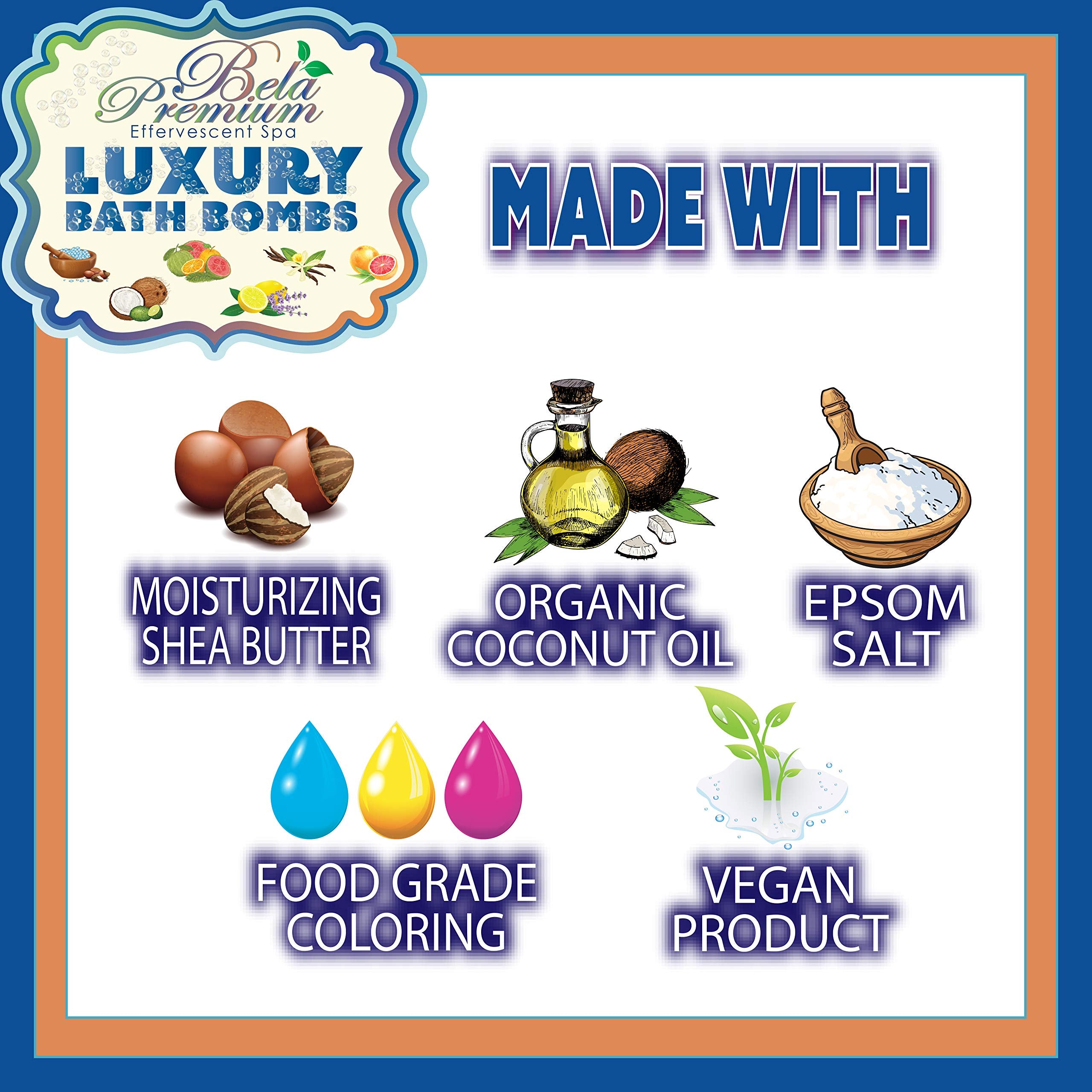 Bela Luxury Bath Bombs, Top 6 Scents, USA Made, Moisturizing Shea Butter and Organic Coconut Oil, Great Holiday Gift Sets, 4.5oz. Each - 6 Pack