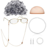 Old Lady Cosplay Set Granny Wig Cap Glasses Chain Cords Faux Pearl Bead