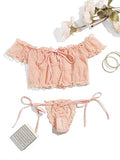 SheIn Women's Self Tie Ruffle Trim Dobby Mesh Lingerie Set