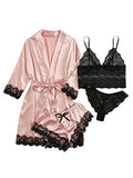 SOLY HUX Women's Sleepwear 4pcs Floral Lace Trim Satin Cami Pajama Set