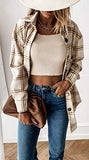 Women's Casual Color Block Plaid Wool Blend Shirt Jacket Coat Long Sleeve Button