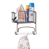 mDesign Metal Wall Mount Ironing Board Holder with Large Storage Basket