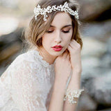 Aukmla Wedding Pearl Hair Vine Crystal Headbands and Bracelet Set Bridal Hair Wreath Silver Beads Head Chain Wedding Hair Accessories for the Women and Girls