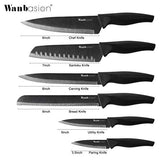 Wanbasion 6 Pieces Matte Black Titanium Plated Knife Set Stainless Steel Forged