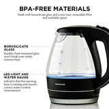 Ovente Portable Electric Glass Kettle 1.5 Liter with Blue LED Light and Stainless Steel Base