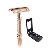 Rose Gold Safety Razor with Travel Case, DREZUR Double Edge Razor (Includes 5 Razor Blades), Safety Razor Women and Men Texture Handle for Comfortable Grip