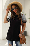Womens Short Sleeve Round Neck Striped Tee Shirt Blouses Black S