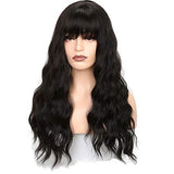 24 inch Black Long Wavy Wig With Bangs, Milky Lavender Purple Silky Full Heat Resistant Synthetic Curly Wig for Women Natural Looking Machine Made Mixed Purple Pink Hair Replacement Wig for Women