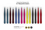 Suvorna 4" Precision Aligned Professional Tweezers Color Sets with Premium Stainless Steel. One Sharp Pointed Pair and One Slant Tip Pair for Eyebrow Shaping. Great for Ingrown Hair (Green)