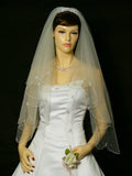 2T 2 Tier Scallope Edge Scattered Pearls Bridal Wedding Veil - White Color Fingertip Length 36" V62
