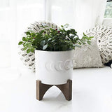 White Ceramic Plant Pot with Stand - 6.3 Inch Crescent Moon Embossed Cylinder White