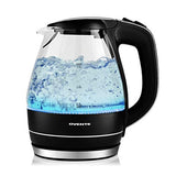 Ovente Portable Electric Glass Kettle 1.5 Liter with Blue LED Light and Stainless Steel Base