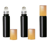 Grand Parfums Colored Glass Aromatherapy 10ml Rollon Bottles with Stainless Steel Roller and MATTE GOLD CAPS (12 Sets, Black)