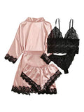SOLY HUX Women's Sleepwear 4pcs Floral Lace Trim Satin Cami Pajama Set