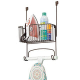 mDesign Metal Over Door Ironing Board Holder with Large Storage Basket - Holds Iron