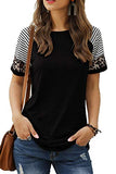 Womens Short Sleeve Round Neck Striped Tee Shirt Blouses Black S