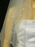 2T 2 Tier Scallope Edge Scattered Pearls Bridal Wedding Veil - White Color Fingertip Length 36" V62