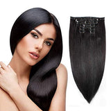 20 Inch Clip In Remy Human Hair Extensions 100g, Stainless Clip On Real Human Hair, 7 Pieces Silky Straight Double Weft, Natural Off Black (Clip In 20"- #1B, 100g)