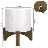 White Ceramic Plant Pot with Stand - 6.3 Inch Crescent Moon Embossed Cylinder White