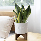 White Ceramic Plant Pot with Stand - 6.3 Inch Crescent Moon Embossed Cylinder White
