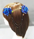 Lolita Double Rose Flower Chain Hair Clip Vintage Rockabilly Bridal 1950s 1940s Accessory (Blue)
