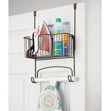 mDesign Metal Over Door Ironing Board Holder with Large Storage Basket - Holds Iron