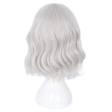 14" Women Short Bob Wig with Bangs Curly Wavy Costume Harajuku Lolita Synthetic Cute Daily Party Cosplay Hair(silver white)