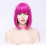 PATTNIUM Short Purple Bob Wig with Bangs for Women Rose Net Synthetic Girl's Cosplay Halloween Costume Party Wig (Pink Purple)