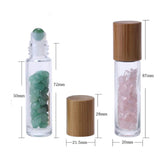 Furnido 5 Pack 10ml Clear Glass Roll On Bottle For Essential Oils,Refillable Roller Bottle With Natural Crystal Gemstone Roller Balls Top,Bamboo Lid-Healing Crystal Chips Inside (Rose Quartz)
