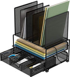 SimpleHouseware Mesh Desk Organizer with Sliding Drawer, Double Tray and 5 Upright