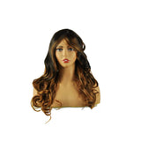 MYCHANSON Mixed long wavy Wigs with bangs 3 Tones Brown 22 Inch Long Curly wavy Full Natural Women Heat Resistant Synthetic Hair Highlights Wig Side Part Custom Party Wig