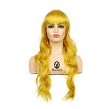 Baruisi Women's Long Curly Wavy Yellow Wig Natural Looking Cosplay Synthetic Bangs Wig for Costume Halloween