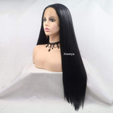 Xiweiya Wigs Silky Straight Black Wig for Women's Long Hair Synthetic Lace Front Wigs for Black Women Glueless Heat Resistant Fiber Hair With Middle Part Half Hand Tied 28inch