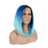 Drag Queen Sapphire blue/Sky blue Bob Wigs Ombre Black Roots Glueless Natural Hairline Middle Part Synthetic Lace Front Wigs for Women Summer Cool Cosplay Party Shoulder Length Hair 14"