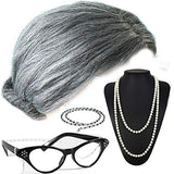 Vibe Old Lady Wig Cosplay Set, Gray Hair Granny Wig with Pearl Necklace, Glasses