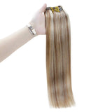 Fshine Clip in Hair Extensions 14 Inches Color 10 Golden Brown and 613 Yellow Blonde Highlighted 100 Grams 7 Pieces Real Hair Extensions Remy Clip on Extensions