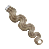 Moresoo 24 Inch Double Sided Wave Tape in Remy Human Hair Extensions Ash Blonde Mixed Bleach Blonde Human Hair Wave Hair Extensions PU Tape ins #P18/613 BW 50G/20pcs