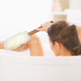 Wooden Handle Loofah and Poufs Set, Teak Wood Long Handle Soft Body Luffa Set for Men & Woman Included 1 Loofah Sponge On a Stick, 1 Exfoliating Shower Pouf By HTB
