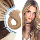 Tape In Hair Extensions Human Hair Remy Tape On Extensions Adhesive Skin Weft Tape In Hair Natural Glue in Hairpieces Full Head Blonde Remy Tape Extensions 16 inch 50g 20pcs #27 Dark Blonde