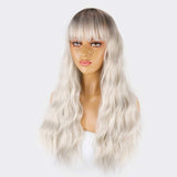 Ombre Silver Long Wavy Wigs with Bangs, 23 inch Synthetic Heat Resistant Dark Roots Curly Gray Cosplay Wigs for Women