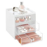 mDesign Plastic Makeup Organizer Storage Station Cube with 3 Drawers for Bathroom Vanity, Cabinet, Countertops - Holds Lip Gloss, Eyeshadow Palettes, Brushes, Blush, Mascara - White/Clear