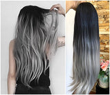 22" Long 3/4 Full Head Wig Clip in Lace Inside Hair piece (Straight, black to silver gray)